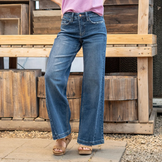 VERVET OUTDONE TUMMY CONTROL HIGH RISE WIDE LEG JEANS DARK BLUE WASH