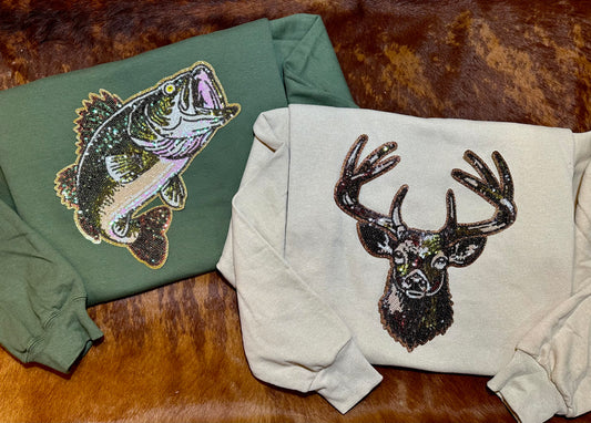 BUCK AND BASS SEQUIN PATCH CREWNECK SWEATSHIRT - CountryFide Custom Accessories and Outdoors