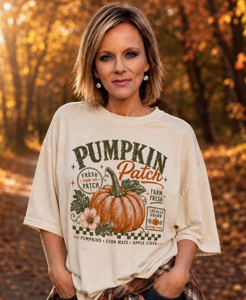 A woman stands outdoors in a wooded autumn setting wearing an oversized cream graphic T-shirt with a pumpkin patch design, dark blue jeans, and a brown plaid shirt tied around her waist.