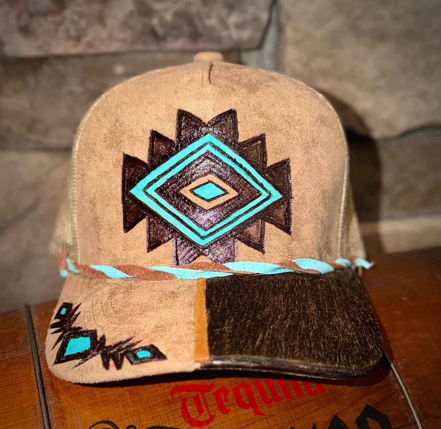 AZTEC AND TEAL HAND - BURN SUEDE CAP - CountryFide Custom Accessories and Outdoors