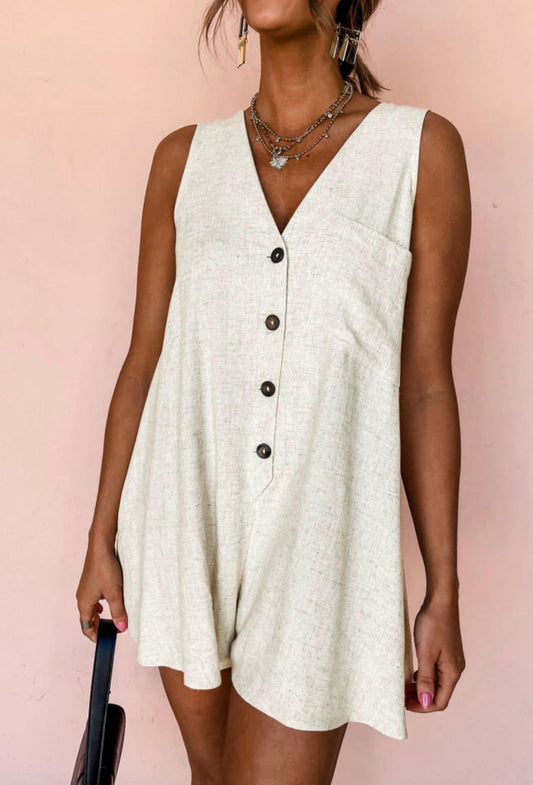 BEIGE LINEN FRONT BUTTON ROMPER - CountryFide Custom Accessories and Outdoors