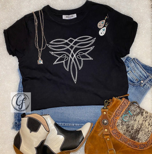 BLACK CROP BOOT STITCH TEE - CountryFide Custom Accessories and Outdoors
