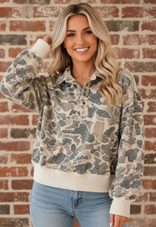 Camo Ribbed Contrast Trim Buttoned Collar Sweatshirt - CountryFide Custom Accessories and Outdoors