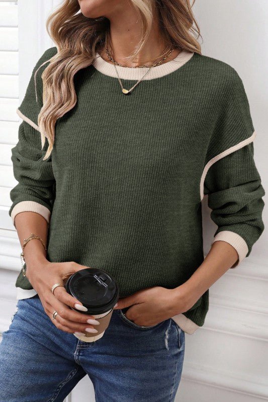 Contrast Color Trim Knit Drop Shoulder Loose Top - CountryFide Custom Accessories and Outdoors