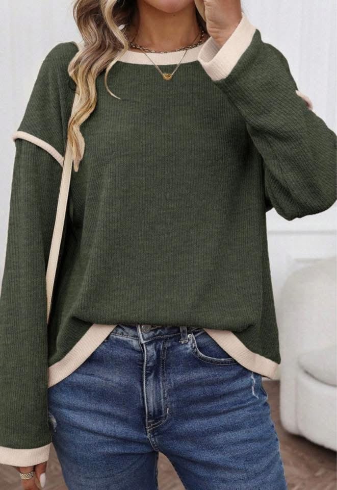 Contrast Color Trim Knit Drop Shoulder Loose Top - CountryFide Custom Accessories and Outdoors