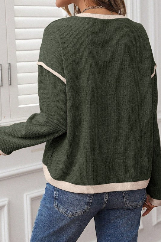 Contrast Color Trim Knit Drop Shoulder Loose Top - CountryFide Custom Accessories and Outdoors