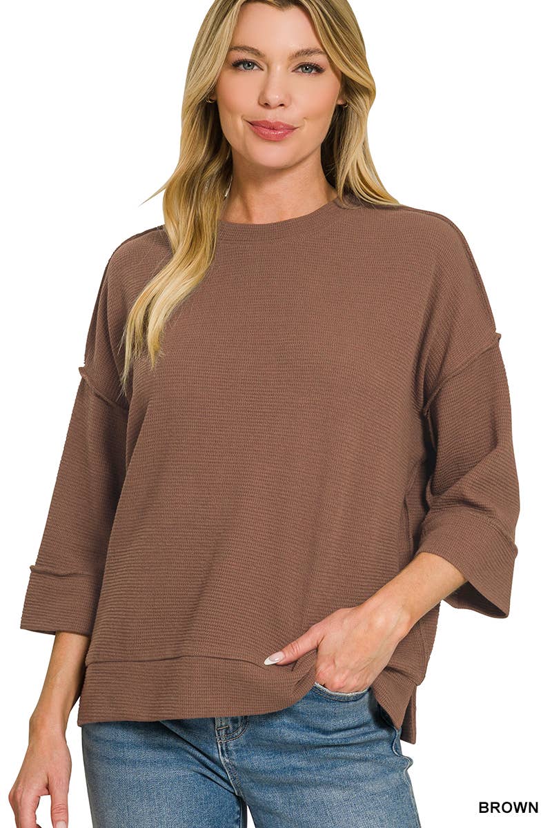 Double Knit 3/4 Sleeve Top With Exposed Seams - Zenana - CountryFide Custom Accessories and Outdoors