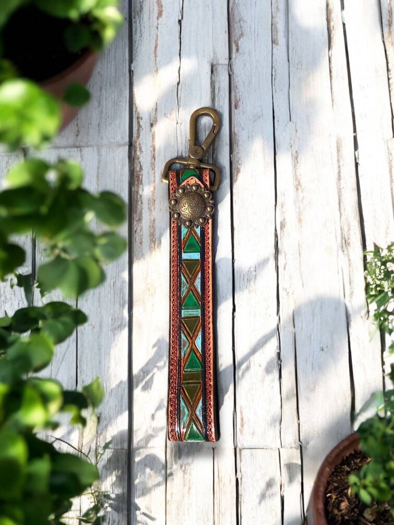 Green Accent Tooled Leather Keychain - CountryFide Custom Accessories and Outdoors