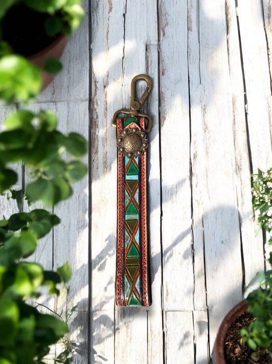 Green Accent Tooled Leather Keychain - CountryFide Custom Accessories and Outdoors