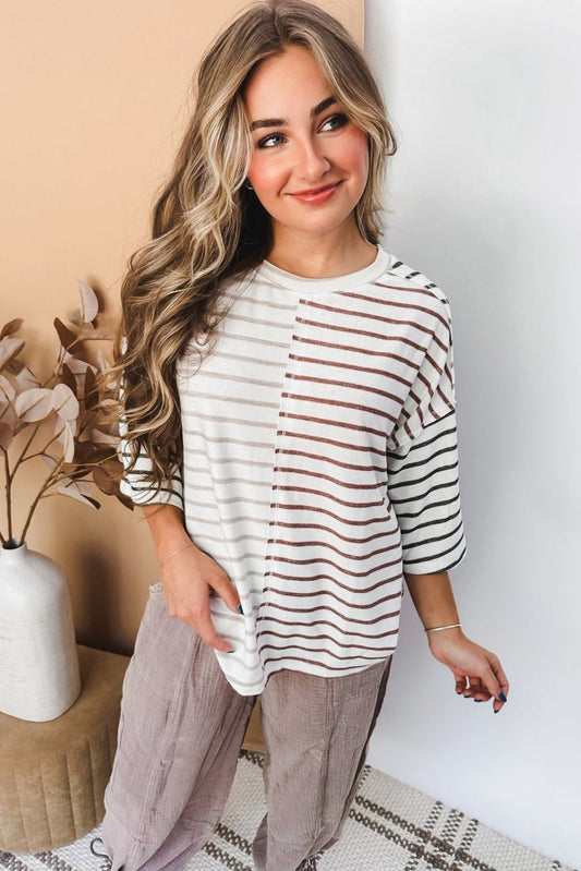 Khaki Stripe Colorblock 3/4 Sleeve Loose Top - CountryFide Custom Accessories and Outdoors