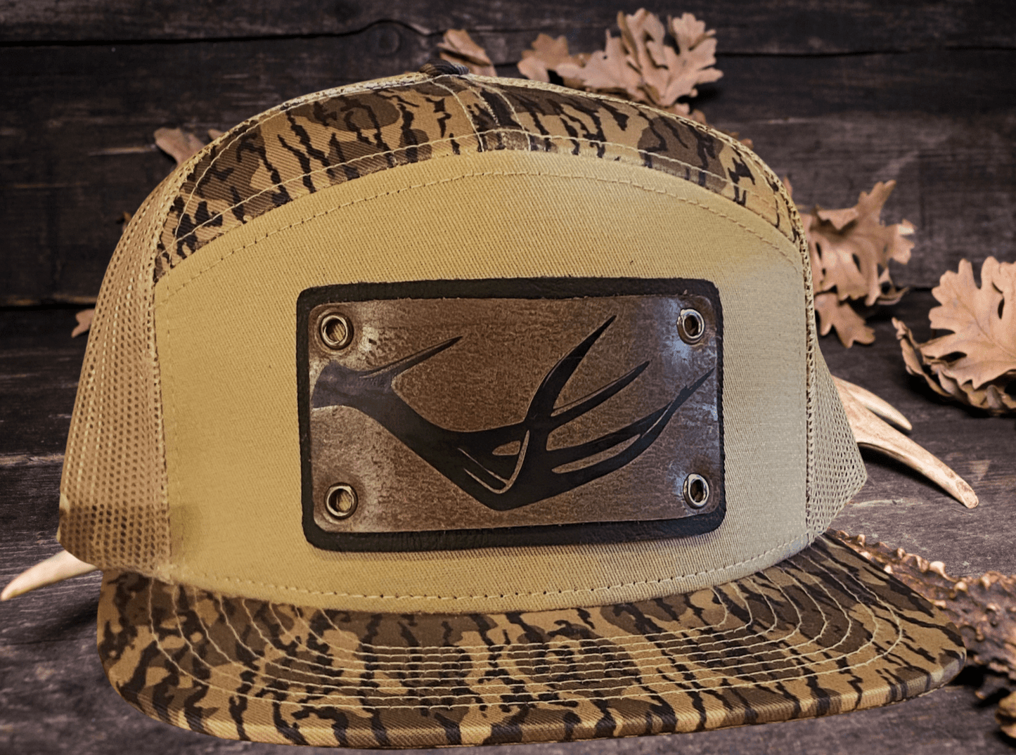 LEATHER PATCH BOTTOMLAND CAMO WIDE PANEL CAP - CountryFide Custom Accessories and Outdoors