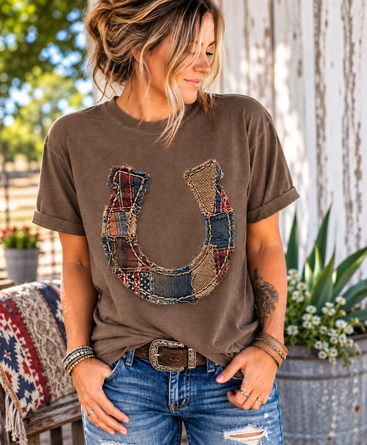 LUCKY HORSESHOE PATCHWORK TEE - CountryFide Custom Accessories and Outdoors