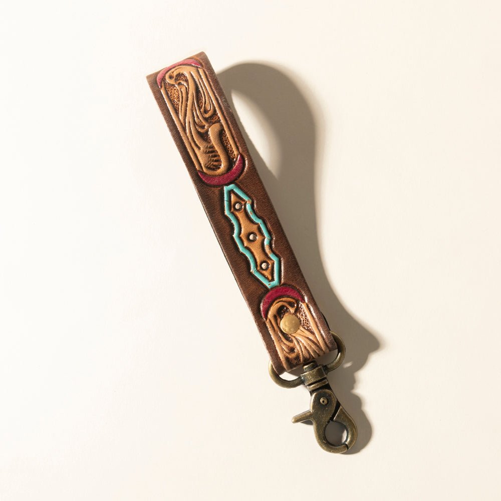 Myra Skyland Stitch Handtooled Leather Keyfob in Cactus Blue - CountryFide Custom Accessories and Outdoors