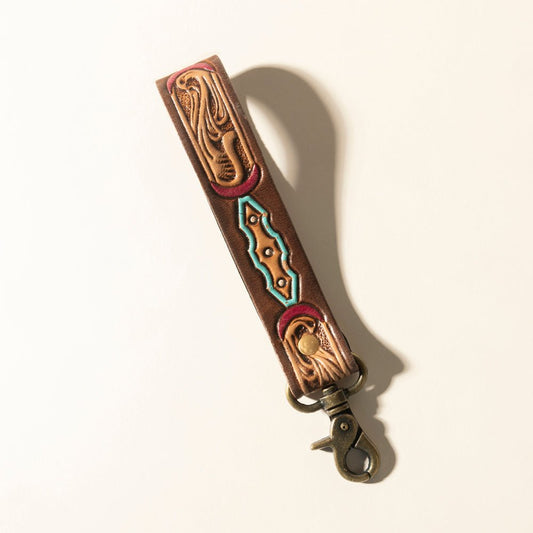 Myra Skyland Stitch Handtooled Leather Keyfob in Cactus Blue - CountryFide Custom Accessories and Outdoors