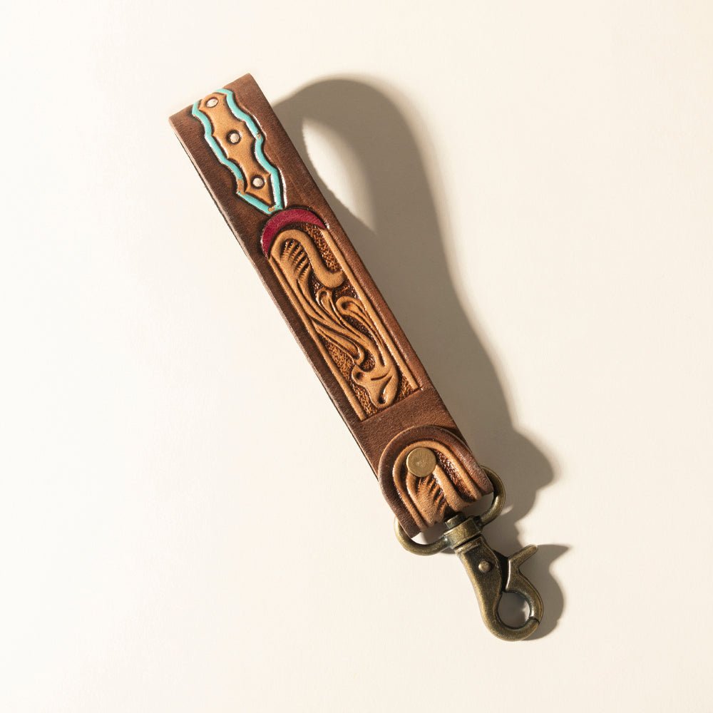 Myra Skyland Stitch Handtooled Leather Keyfob in Cactus Blue - CountryFide Custom Accessories and Outdoors