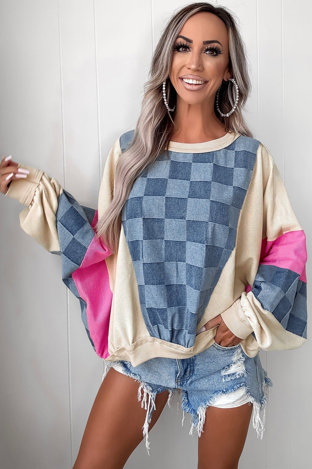 Oversized Checkered Patchwork Casual Sweatshirt - CountryFide Custom Accessories and Outdoors