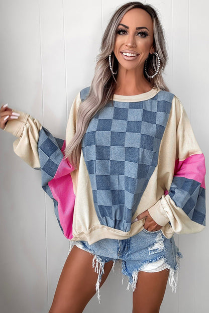 Oversized Checkered Patchwork Casual Sweatshirt - CountryFide Custom Accessories and Outdoors