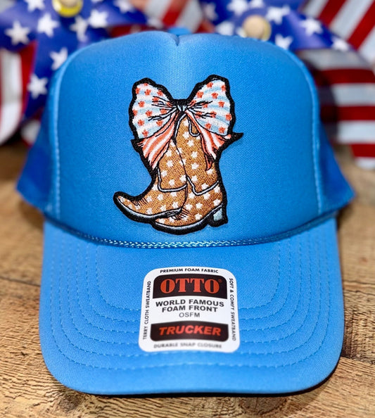 PATRIOTIC BOW AND BOOTS EMBROIDERED PATCH TRUCKER CAP - CountryFide Custom Accessories and Outdoors