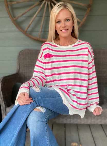 PINK STRIPE OVERSIZED LIGHTWEIGHT SWEATER - CountryFide Custom Accessories and Outdoors