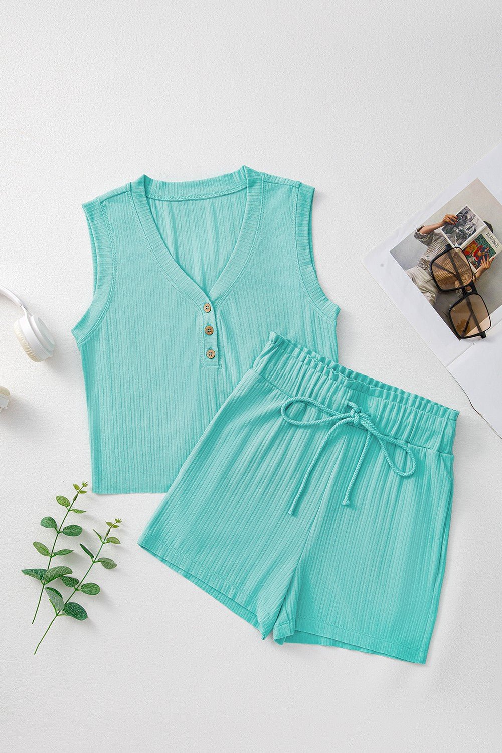 Ribbed Button V Neck Tank Top and Shorts Set - CountryFide Custom Accessories and Outdoors