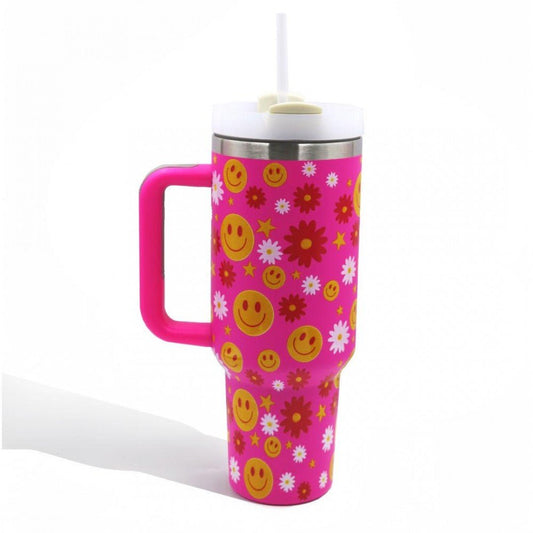 Smiley Face Stars & Flowers Printed 40oz With Matching Pouch - CountryFide Custom Accessories and Outdoors