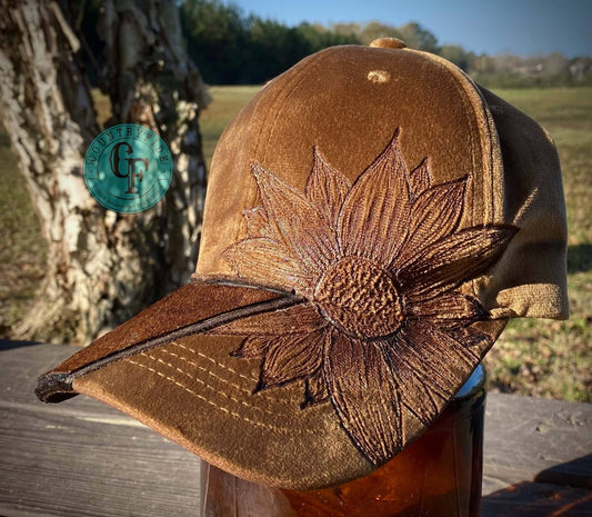 SUNFLOWER AND COWHIDE SUEDE CAP - HAND BURNED - CountryFide Custom Accessories and Outdoors