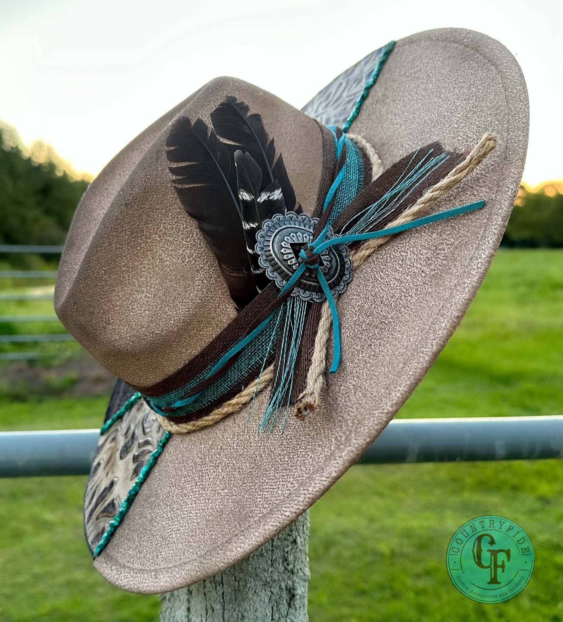 TURQUOISE AND LEATHER DREAM FEDORA - CountryFide Custom Accessories and Outdoors