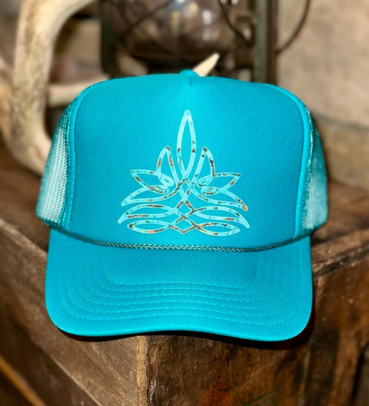 TURQUOISE BOOT STITCH TRUCKER HAT - CountryFide Custom Accessories and Outdoors