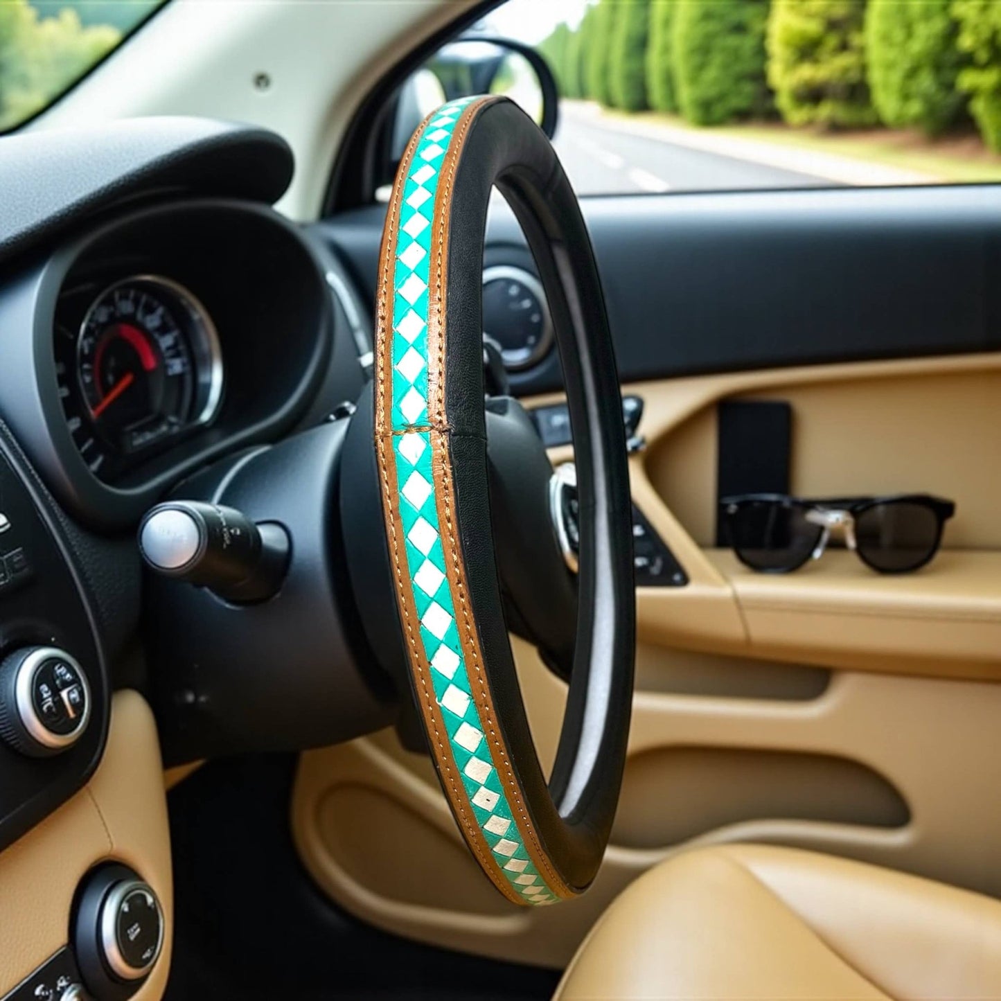 Turquoise Checker Tooled Leather Steering Wheel Cover  - CountryFide Custom Accessories and Outdoors