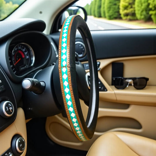 Turquoise Checker Tooled Leather Steering Wheel Cover  - CountryFide Custom Accessories and Outdoors