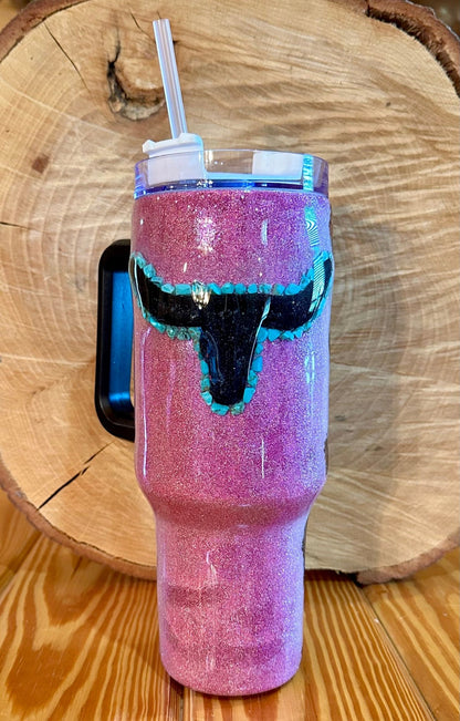 TURQUOISE STONE STEER AND COWHIDE 40 oz TUMBLER - CountryFide Custom Accessories and Outdoors