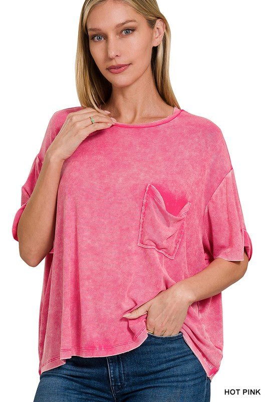 Washed Ribbed Cuffed Short Sleeve Round Neck Top - CountryFide Custom Accessories and Outdoors