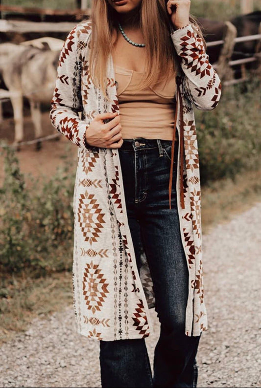 Western Aztec Open Front Long Cardigan - CountryFide Custom Accessories and Outdoors