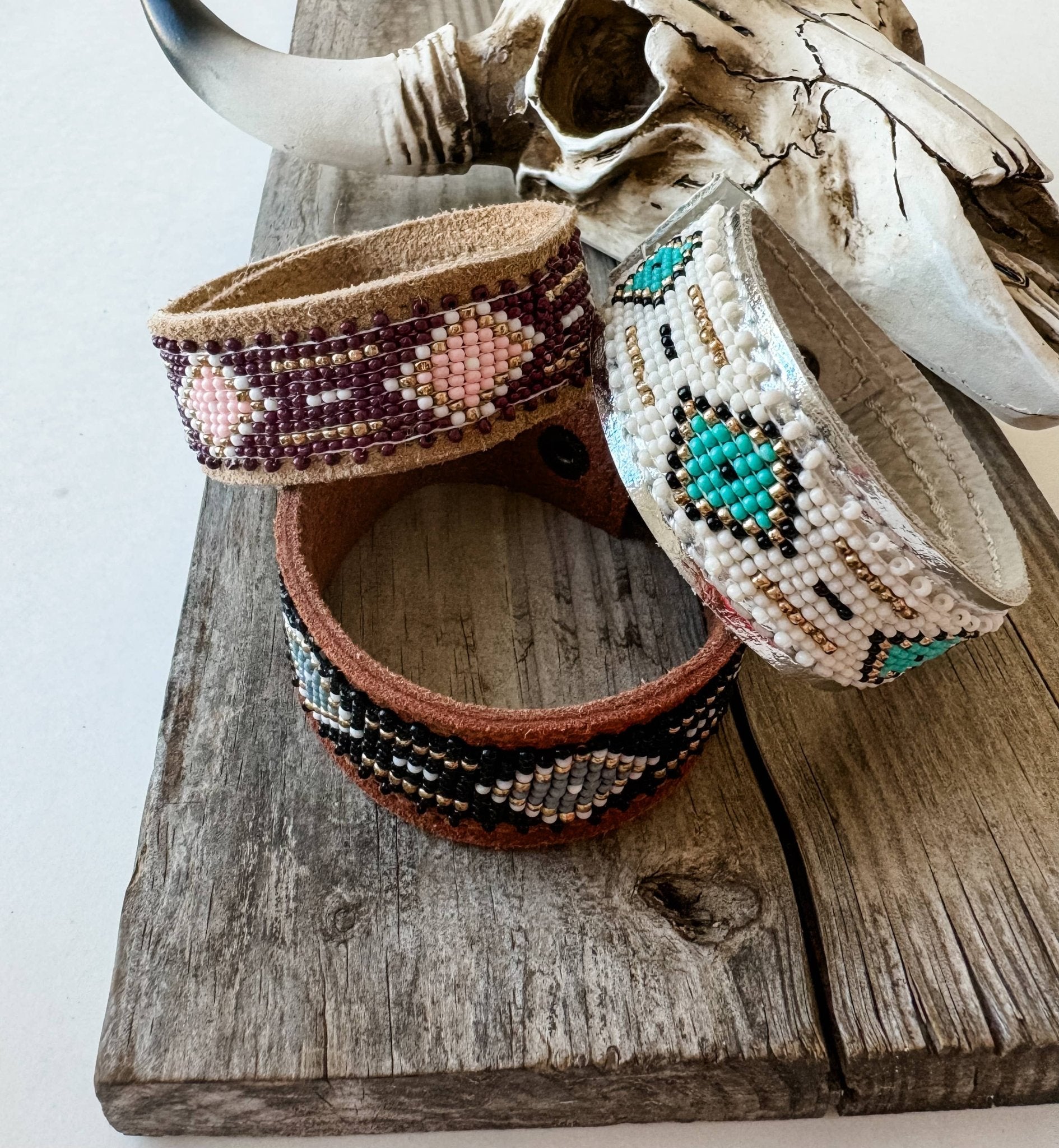 Western Aztec Pattern Seed Bead Leather Cuff Bracelet - CountryFide Custom Accessories and Outdoors