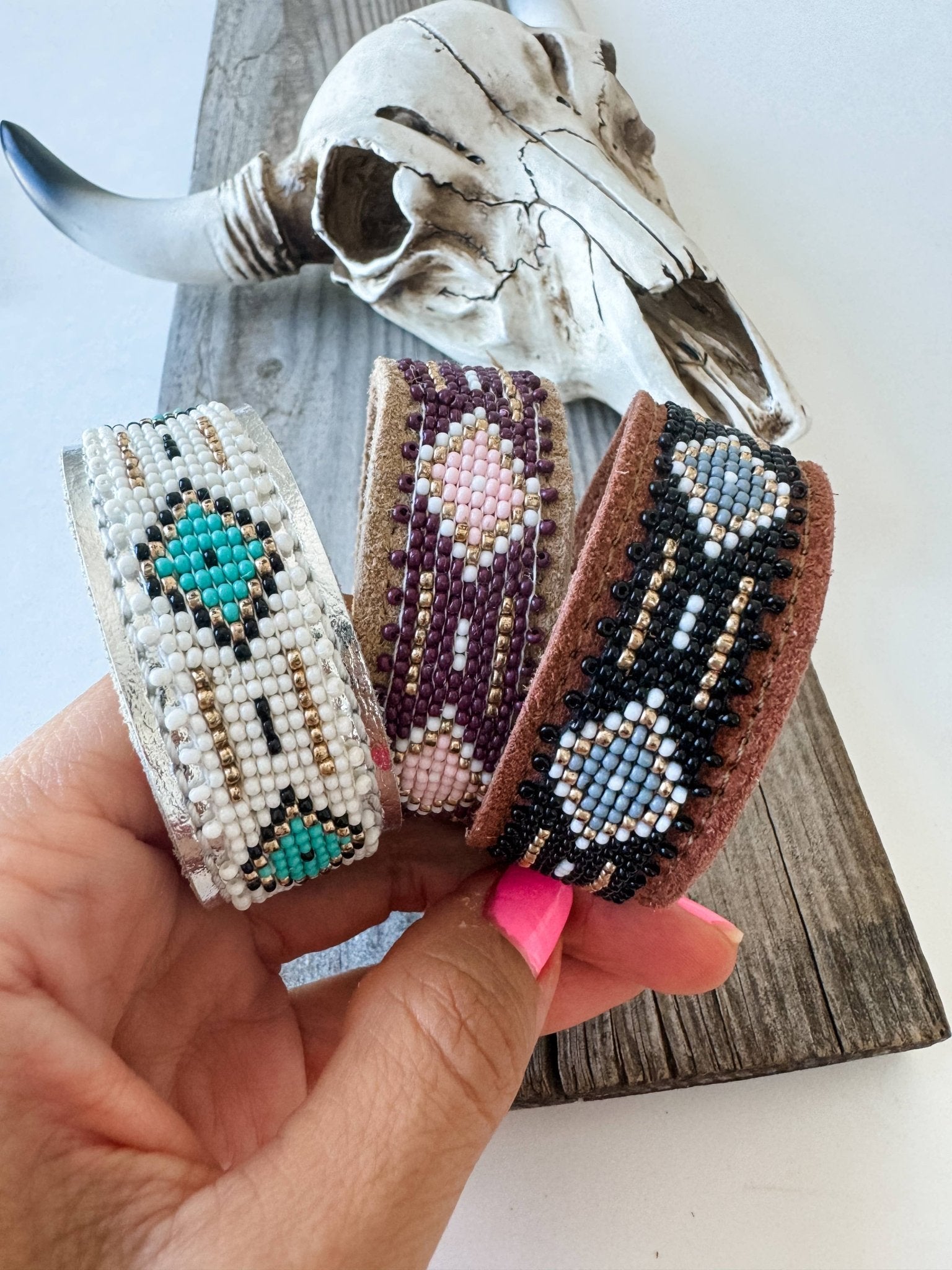 Western Aztec Pattern Seed Bead Leather Cuff Bracelet - CountryFide Custom Accessories and Outdoors