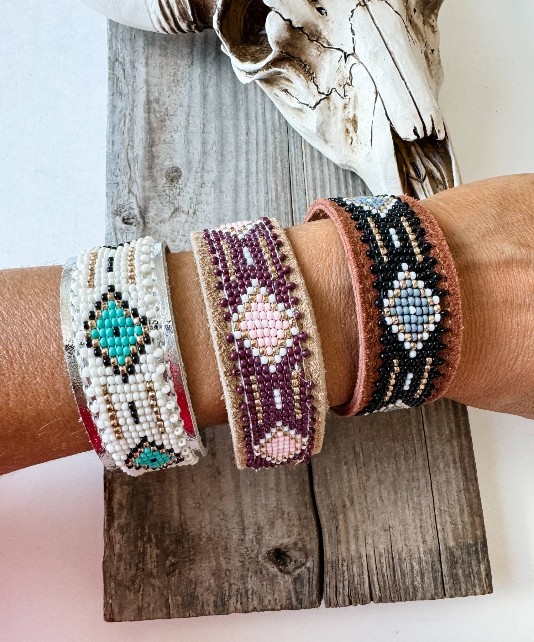 Western Aztec Pattern Seed Bead Leather Cuff Bracelet - CountryFide Custom Accessories and Outdoors