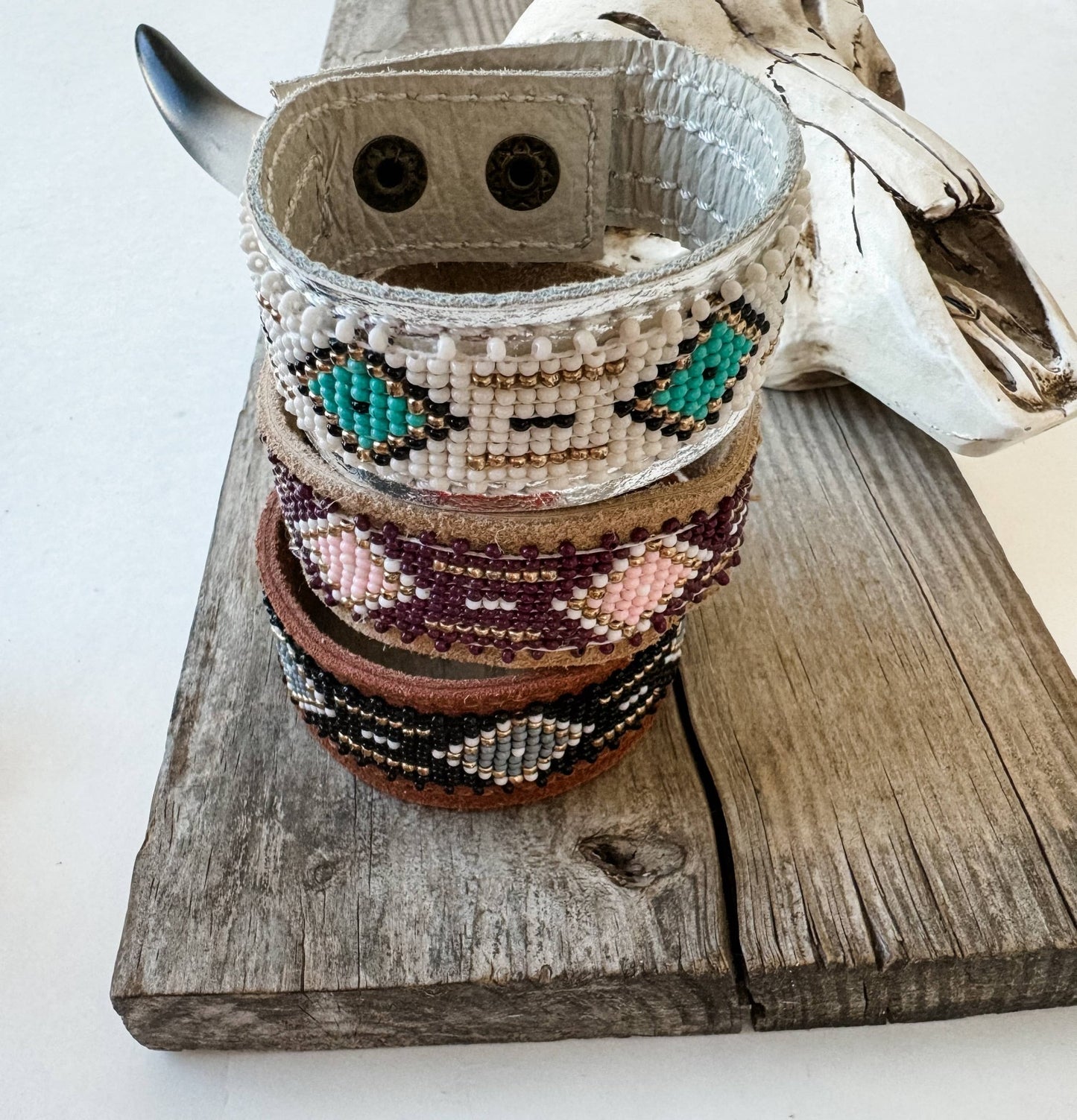 Western Aztec Pattern Seed Bead Leather Cuff Bracelet - CountryFide Custom Accessories and Outdoors