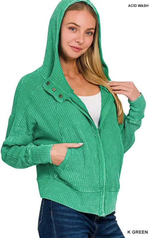 Women Acid Wash Cotton Waffle Hooded Zip Up Jacket - CountryFide Custom Accessories and Outdoors