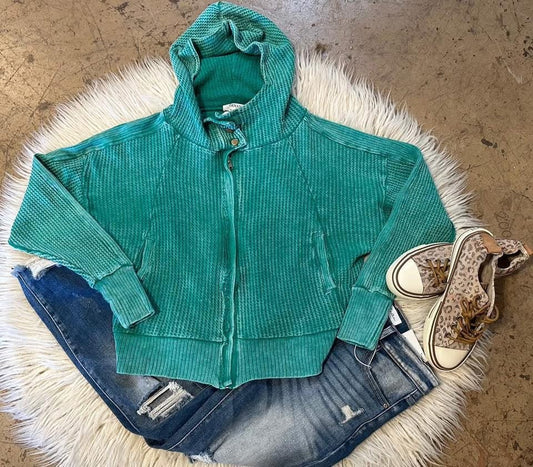 Women Acid Wash Cotton Waffle Hooded Zip Up Jacket - CountryFide Custom Accessories and Outdoors