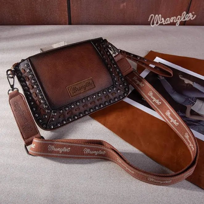 WRANGLER RIVETS STUDDED WRISTLET/ CROSSBODY - BROWN - CountryFide Custom Accessories and Outdoors