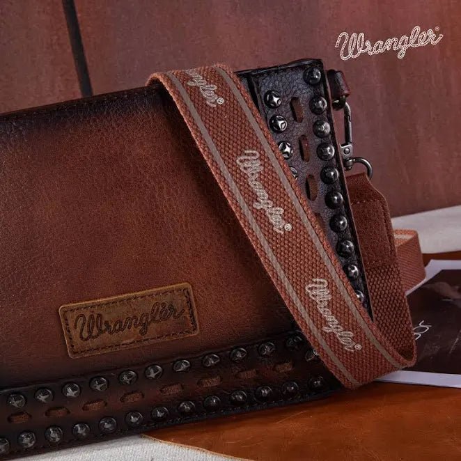 WRANGLER RIVETS STUDDED WRISTLET/ CROSSBODY - BROWN - CountryFide Custom Accessories and Outdoors