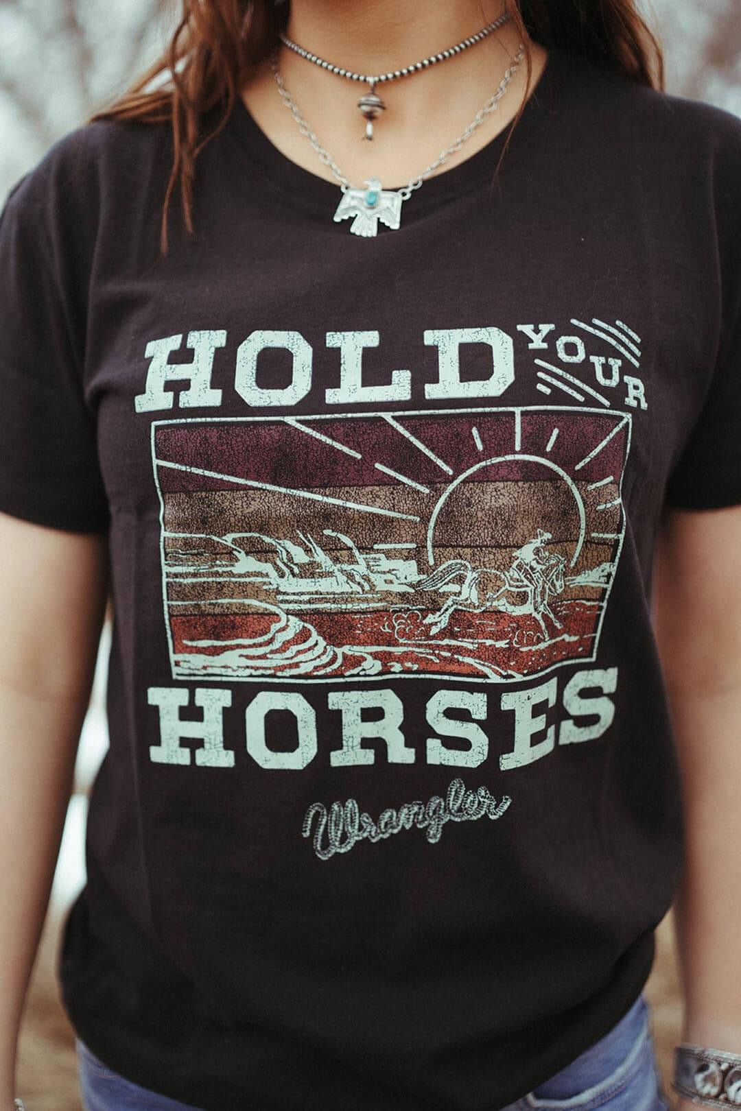 Wrangler Women's Boyfriend Tee - Black Hold Your Horses - CountryFide Custom Accessories and Outdoors