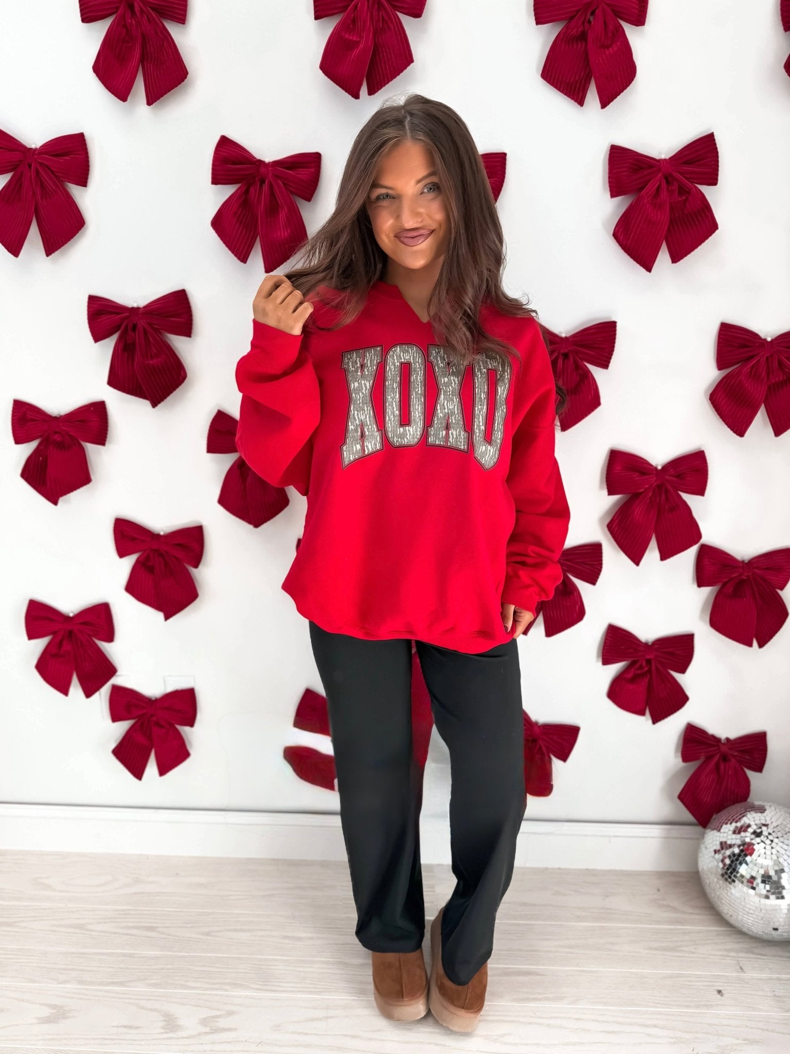 XOXO Bottomland Camo Split Neck Graphic Crewneck on Red - CountryFide Custom Accessories and Outdoors