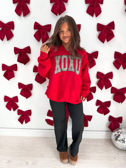 XOXO Bottomland Camo Split Neck Graphic Crewneck on Red - CountryFide Custom Accessories and Outdoors