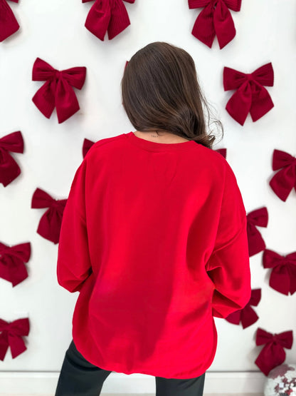 XOXO Bottomland Camo Split Neck Graphic Crewneck on Red - CountryFide Custom Accessories and Outdoors