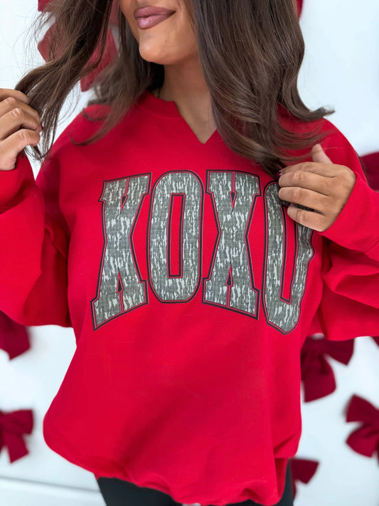 XOXO Bottomland Camo Split Neck Graphic Crewneck on Red - CountryFide Custom Accessories and Outdoors