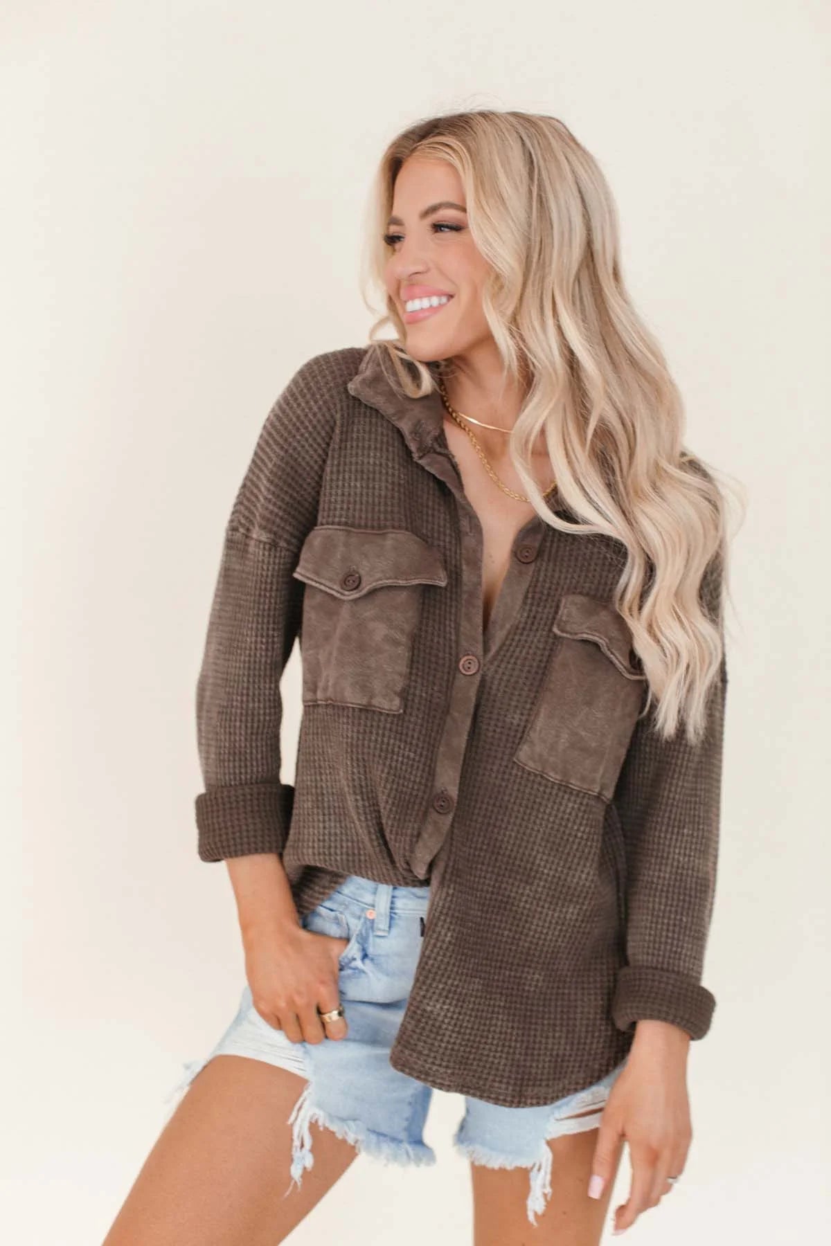 Addie Button Down Waffle Shacket - CountryFide Custom Accessories and Outdoors