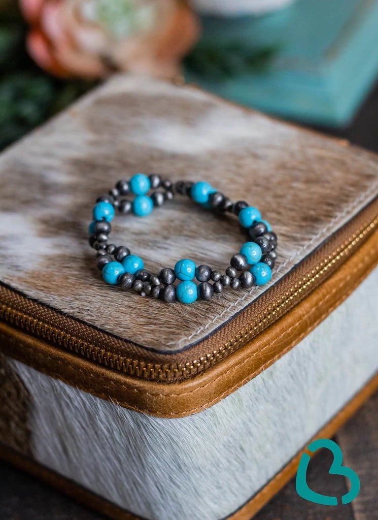 Amaya Stretch Bracelet in Gray Navajo Pearls and Turquoise - CountryFide Custom Accessories and Outdoors