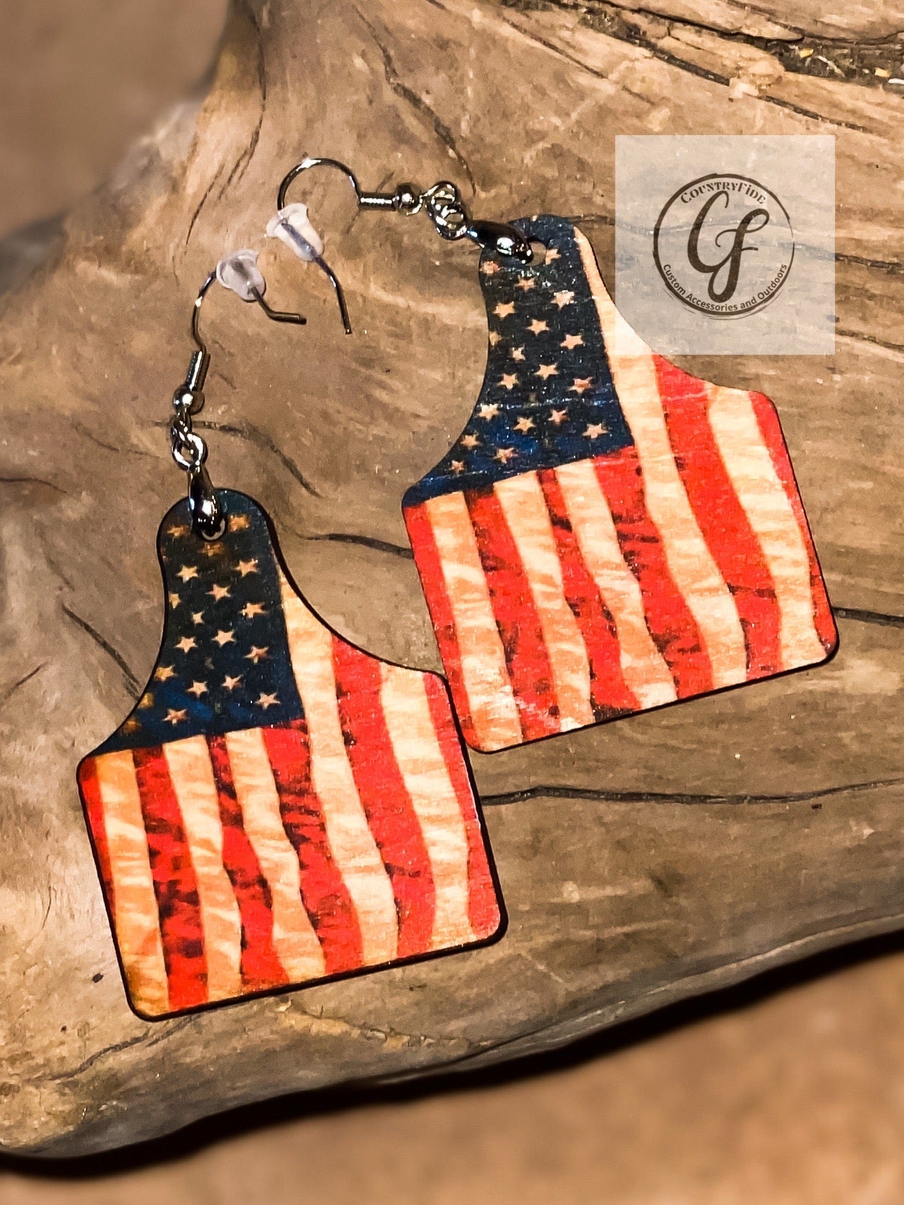AMERICAN FLAG COW TAG EARRINGS - CountryFide Custom Accessories and Outdoors