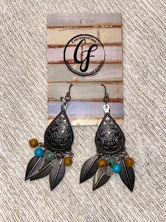 ANTIQUE FEATHER WITH DANGLE BEADS EARRINGS - CountryFide Custom Accessories and Outdoors